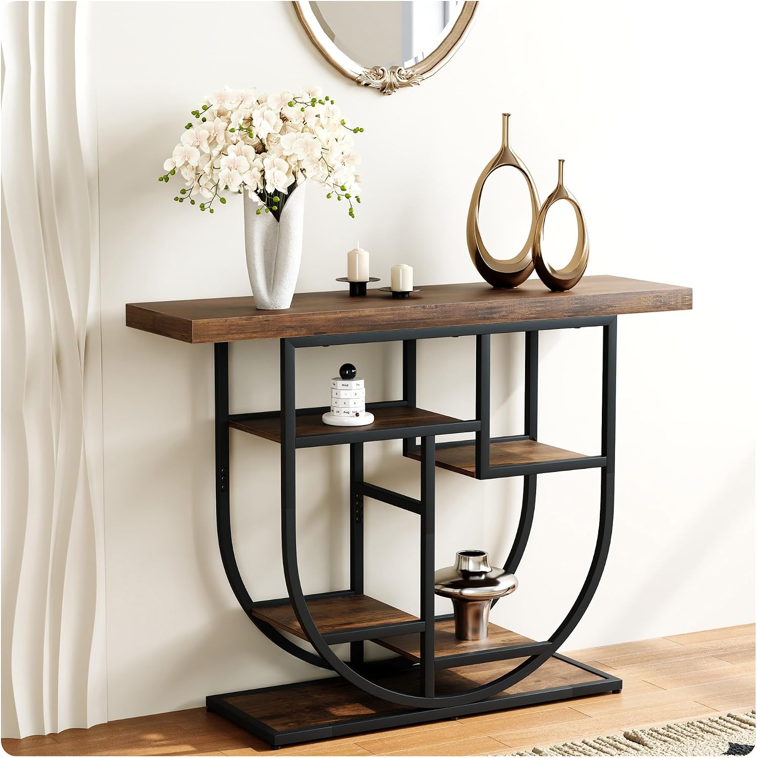 41.3-inch Entryway Console Table, Industrial-Style Sofa Table with Storage, Side Table with Shelves, Suitable for Entrances, Hallways, Foyers, and Entryways, Metal Frame, Vintage Brown