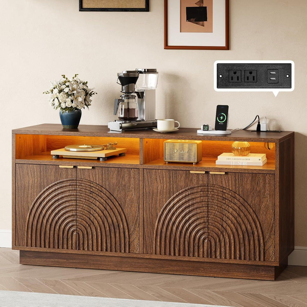 Modern Sideboard Buffet Cabinet with Storage - 58" Fluted Credenza Strorage Cabinet with LED Light & Power Outlet, Adjustable Shelf, Accent Console Table Coffee Bar for Kitchen Living Room