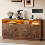 Modern Sideboard Buffet Cabinet with Storage - 58" Fluted Credenza Strorage Cabinet with LED Light & Power Outlet, Adjustable Shelf, Accent Console Table Coffee Bar for Kitchen Living Room