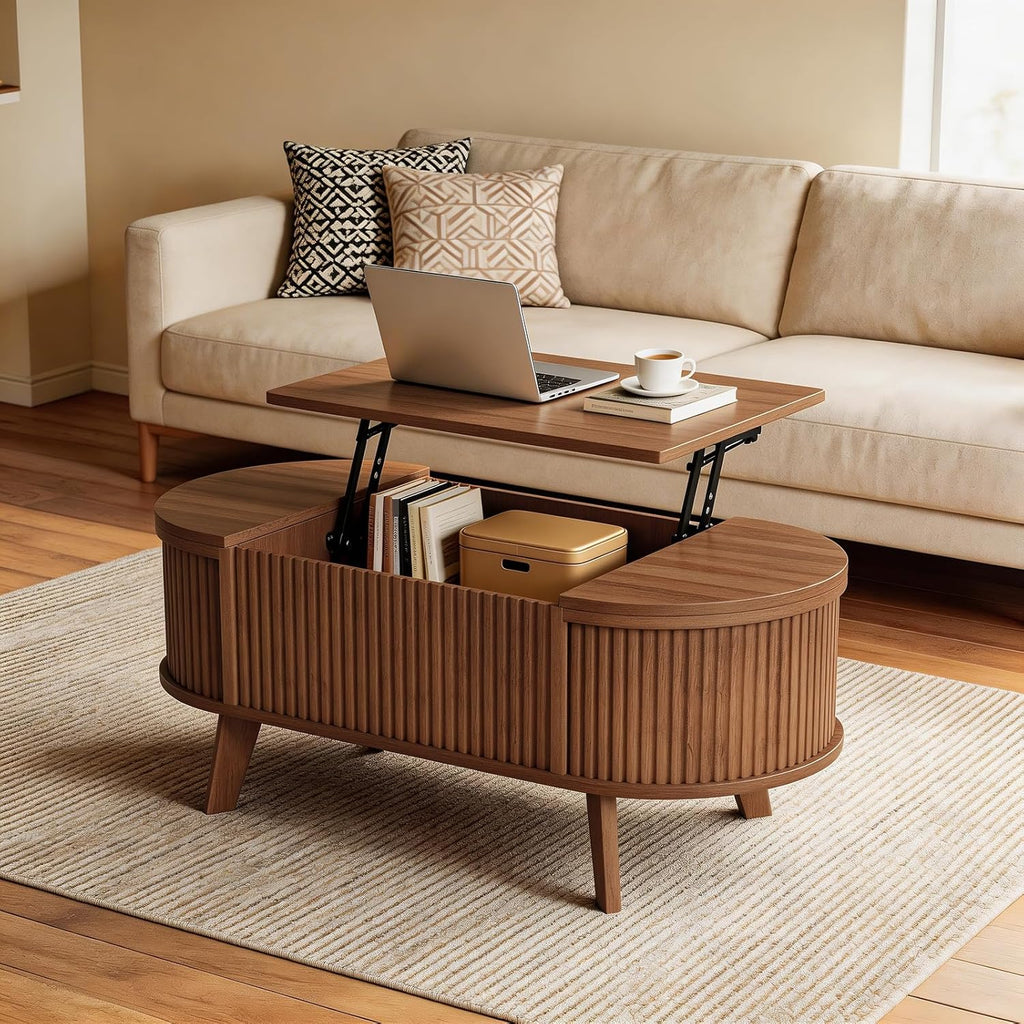 Oval Fluted Coffee Table with Lift Top, Mid Century Modern Coffee Table with 3 Hidden Storage, 39.4" Farmhouse Center Tables for Living Room Home Office, Walnut