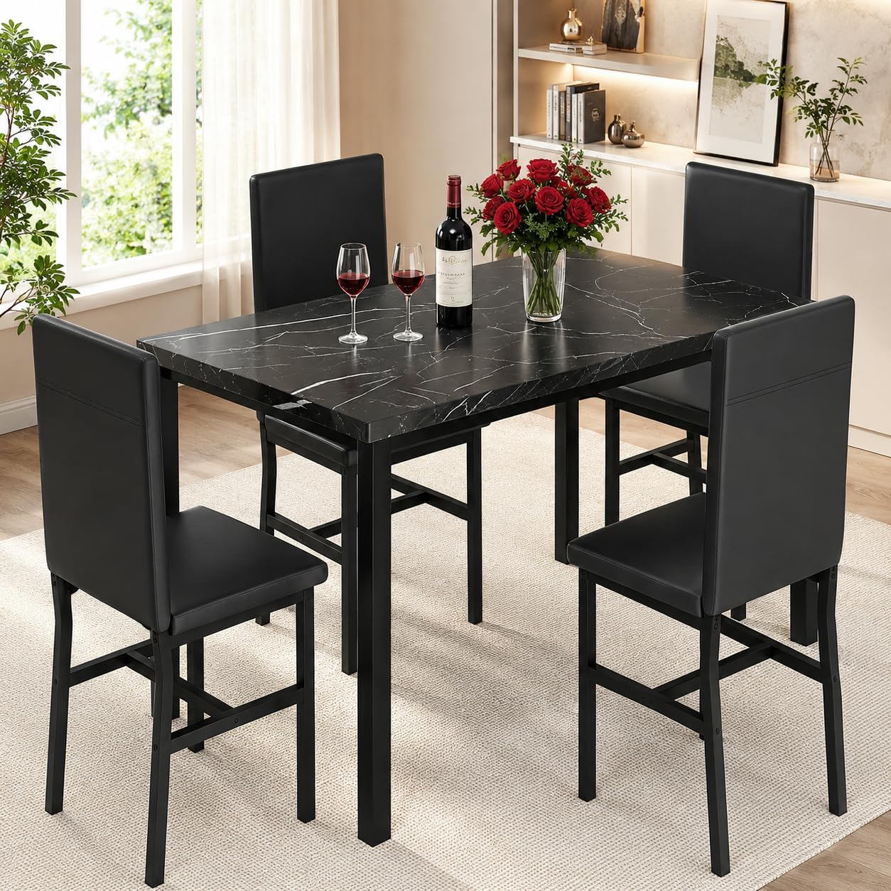 DKLGG 5-Piece Dining Table Set for 4, Faux Marble Kitchen Table Chairs Set of 4 with Upholstered Chairs, Modern Dining Room Table Set for Small Spaces (Black+Black)