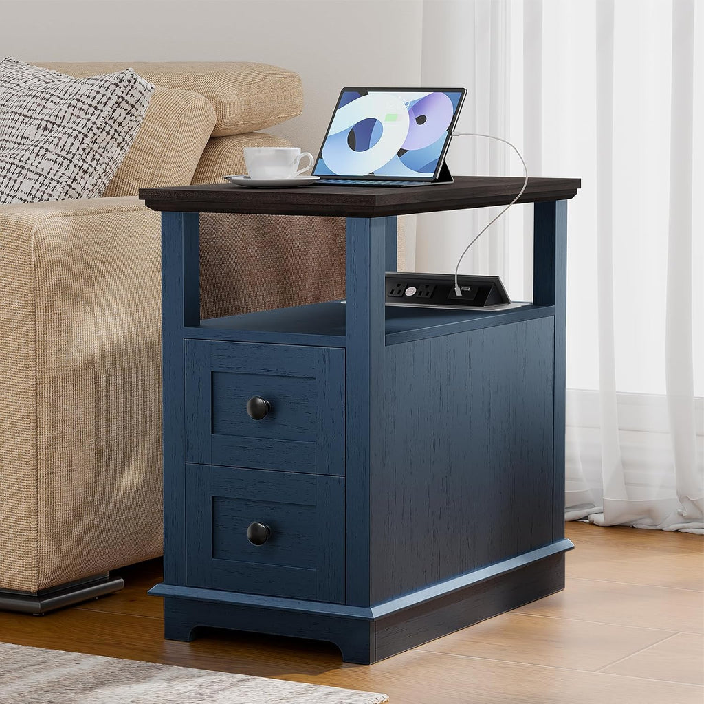 HIFYOBRO 2 Drawers End Table with Flip Top Charging Station Set of 2, Narrow Side Table, Type-C & USB Port & Power outlets, Wooden Storage End Table for Living Room, Bedroom
