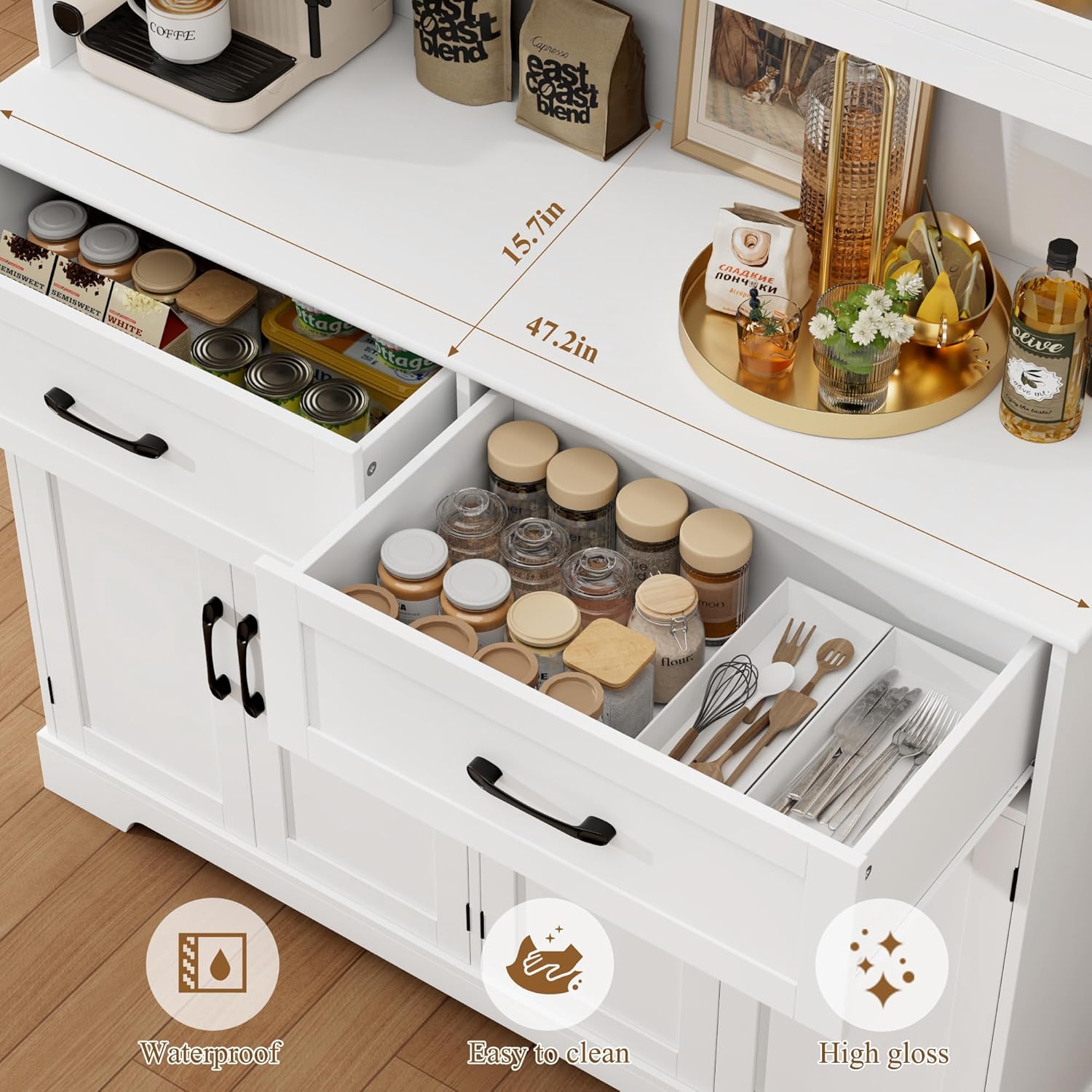 BOTLOG Pantry Storage Cabinet with Microwave Stand, 71" Tall Kitchen Hutch, Large White Pantry Cabinet with Glass Doors for Dining Room