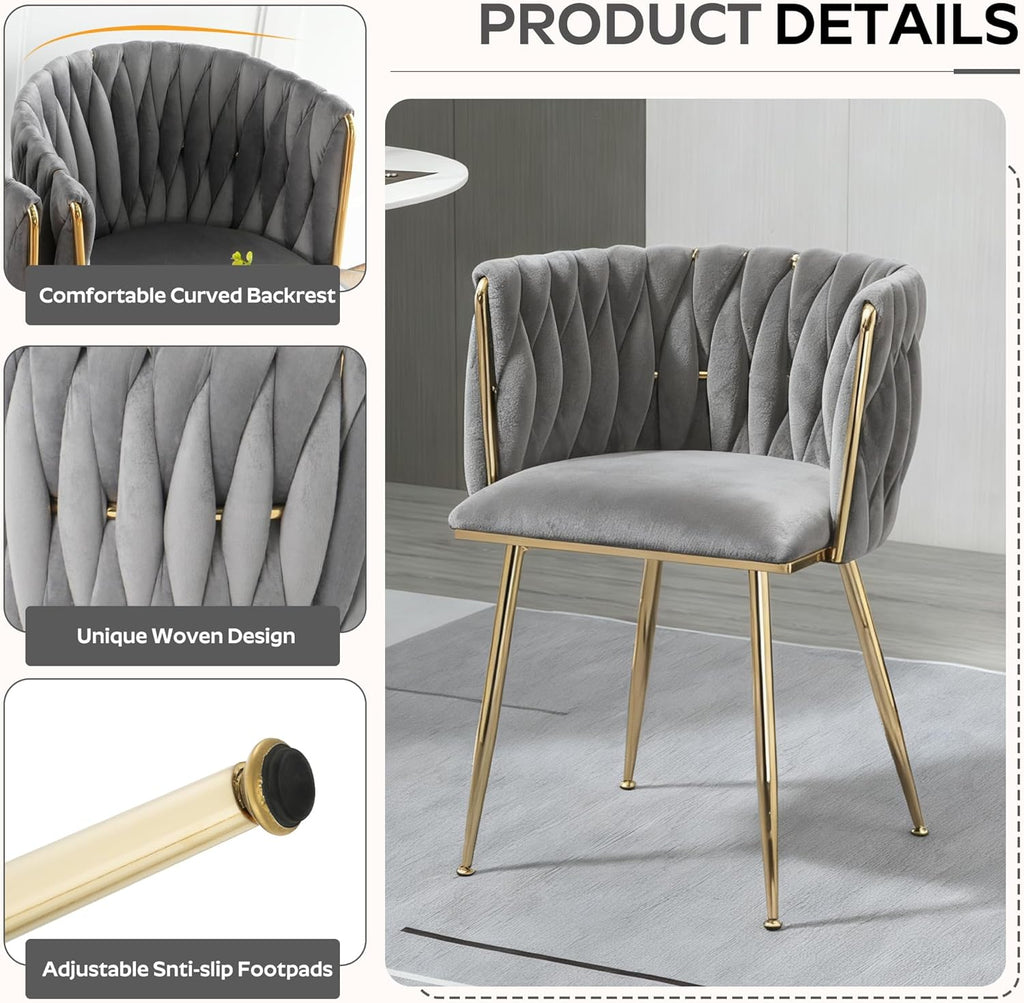 Baysitone Modern 5-Piece Dining Set with 36" Round Glass Table & 4 Woven Velvet Upholstered Dining Chairs, Gold Metal Table Legs, Kitchen & Dining Room Furniture for Small Spaces(Gray&Gold)