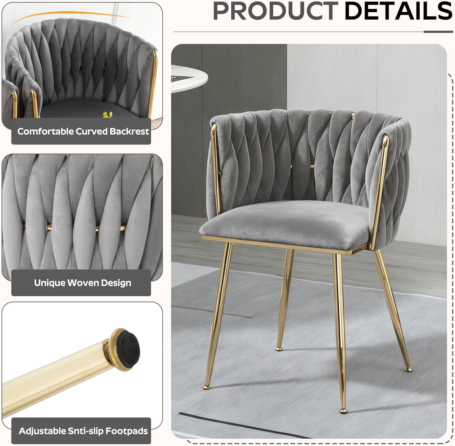 Baysitone Modern 5-Piece Dining Set with 36" Round Glass Table & 4 Woven Velvet Upholstered Dining Chairs, Gold Metal Table Legs, Kitchen & Dining Room Furniture for Small Spaces(Gray&Gold)