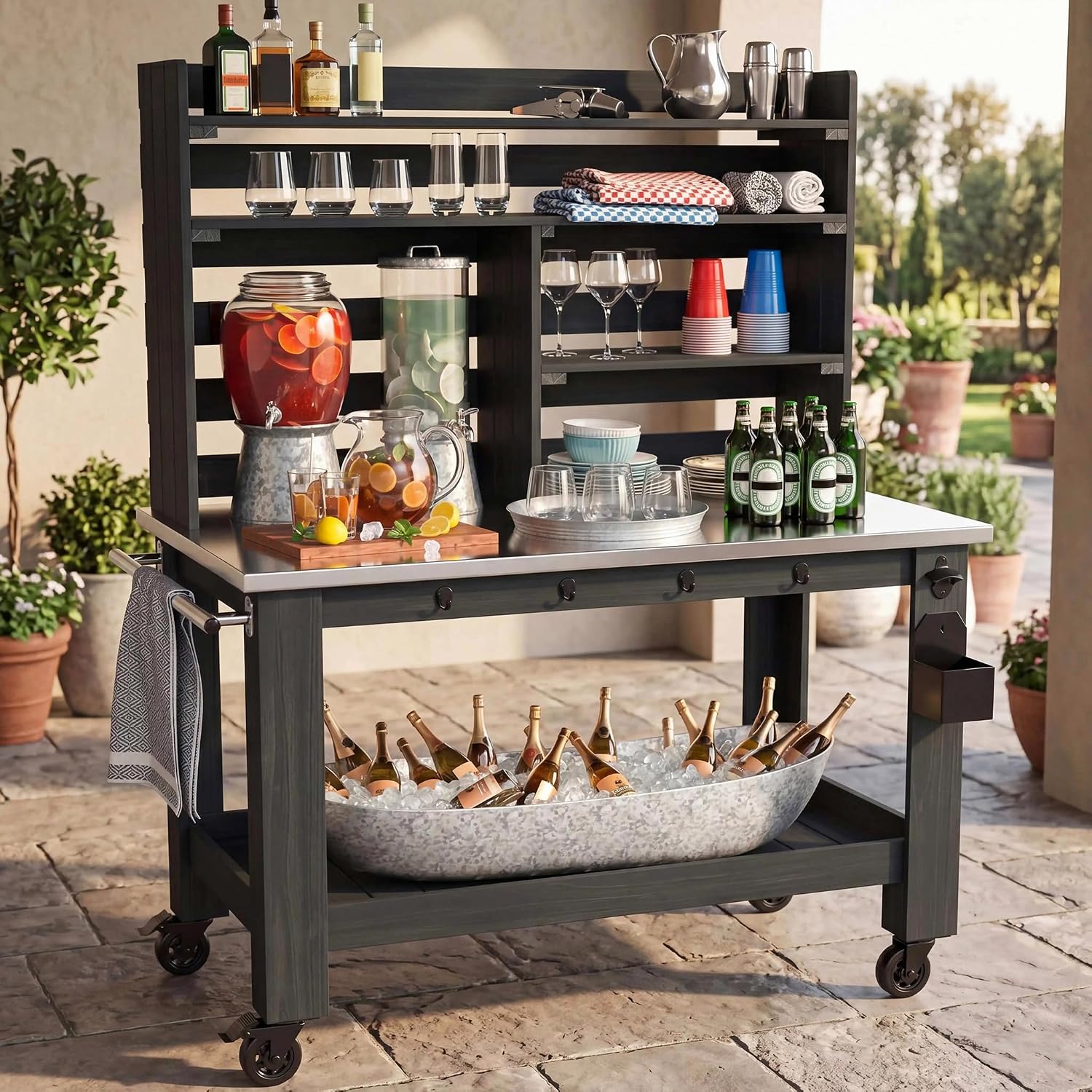 GDLF Potting Bench Table Large Outdoor Kitchen Island Prep Station with Stainless Steel Top Waterproof Cover, Hardwood, 66.9" H
