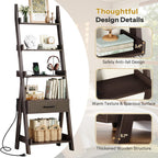 DynJest 5-Tier Bookshelf with Drawer, 70" Tall Ladder Shelf with Power Outlet &USB Fast Charging, Leaning Freestanding Shelves for Living Room, Home Office, Bedroom, Industrial Style, Espresso