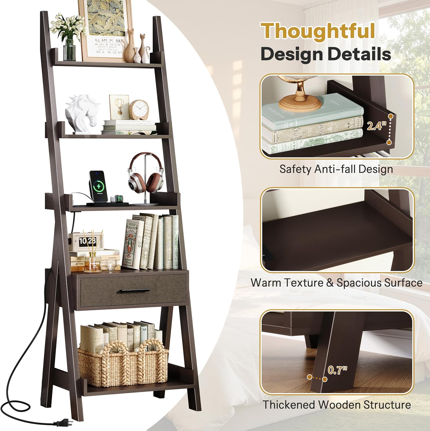 DynJest 5-Tier Bookshelf with Drawer, 70" Tall Ladder Shelf with Power Outlet &USB Fast Charging, Leaning Freestanding Shelves for Living Room, Home Office, Bedroom, Industrial Style, Espresso