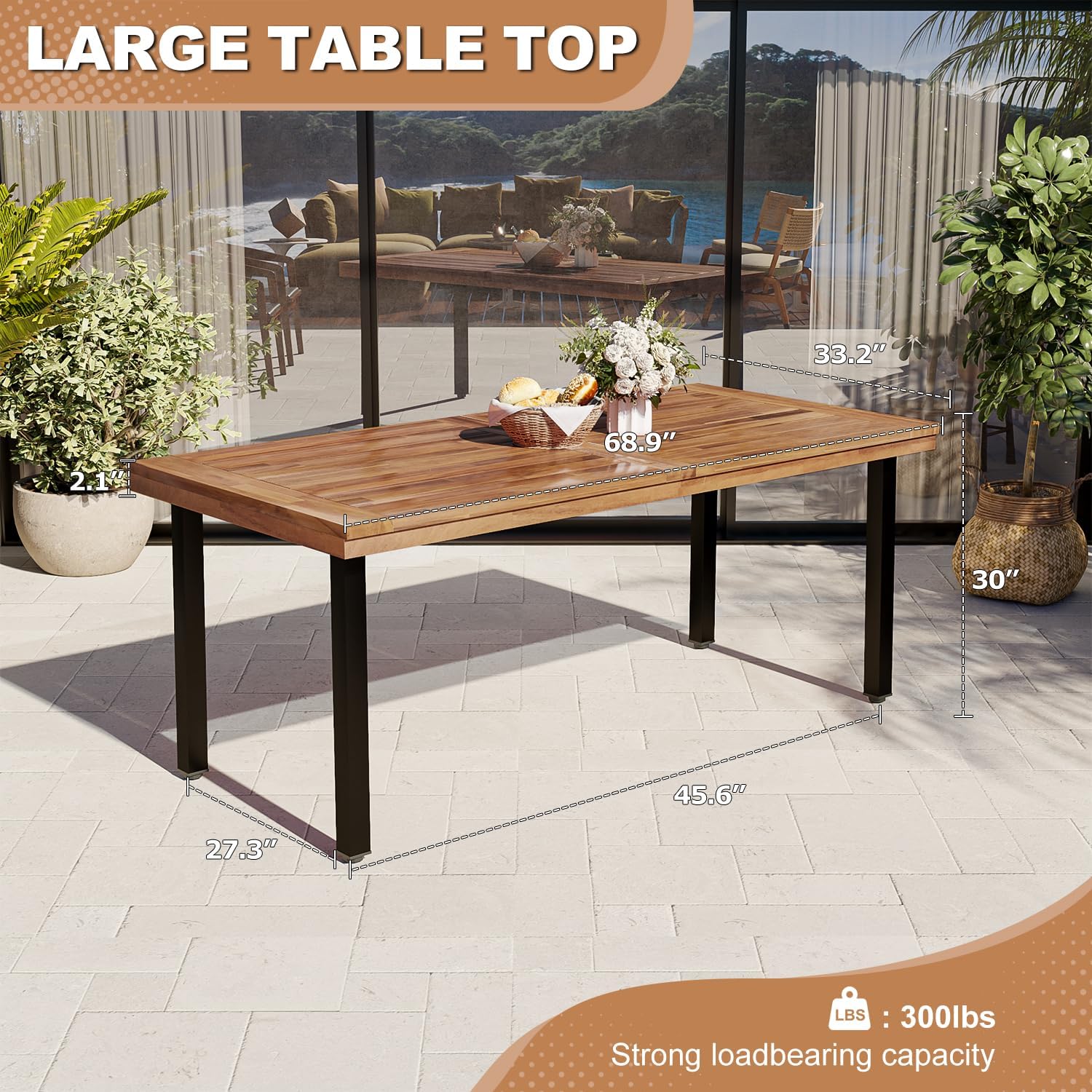 OFIKA Dining Table for 6-8 People, 70" Acacia Wood Rustic Rectangular Dinner Table with Metal Frame, Sandblast Finish, Natural Stained, Indoor Outdoor Kitchen Dining Room Table Large 70x33.2x30 inch