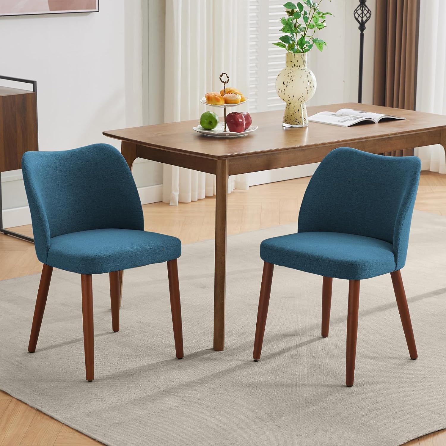 Dining Chair Set of 4, Linen Upholstered Dining Chair with Wood Legs, Wing Backrest, Wooden Kitchen Chair, Kitchen Chairs with Thick Cushions for Dining Room, Living Room, Blue