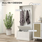 HOMCOM Hall Tree with Bench and Shoe Storage, 3-in-1 Entryway Bench with Coat Rack, 4 Hooks and Flip Top Storage Compartment, Cream White
