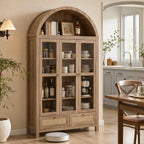 TYBOATLE 75'' Arched Cabinet Classic Farmhouse Design w/Three Glass Doors, Arch Cabinet w/Rattan Drawers and Anti-Tipping Device, Versatile Cupboard for Kitchen, Bathroom, Natural