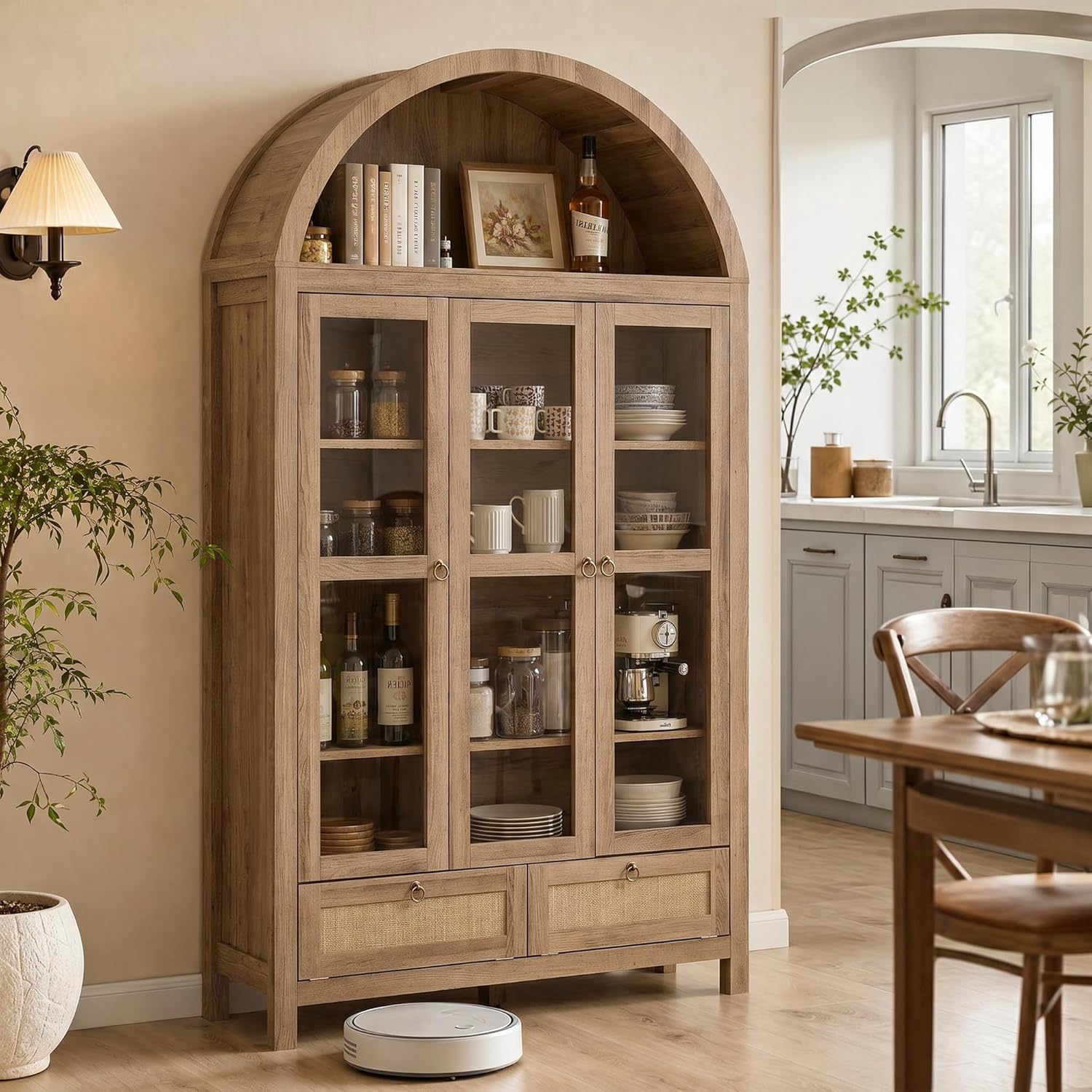 TYBOATLE 75'' Arched Cabinet Classic Farmhouse Design w/Three Glass Doors, Arch Cabinet w/Rattan Drawers and Anti-Tipping Device, Versatile Cupboard for Kitchen, Bathroom, Natural