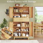 HUAHUU Kitchen Pantry Cabinet, 71" Tall Pantry Storage Cabinet with Rattan Doors, Large Drawer, Modern Curved Cabinets for Kitchen, Dining Living Room, 10 Compartment Wooden Food Pantry, Natural