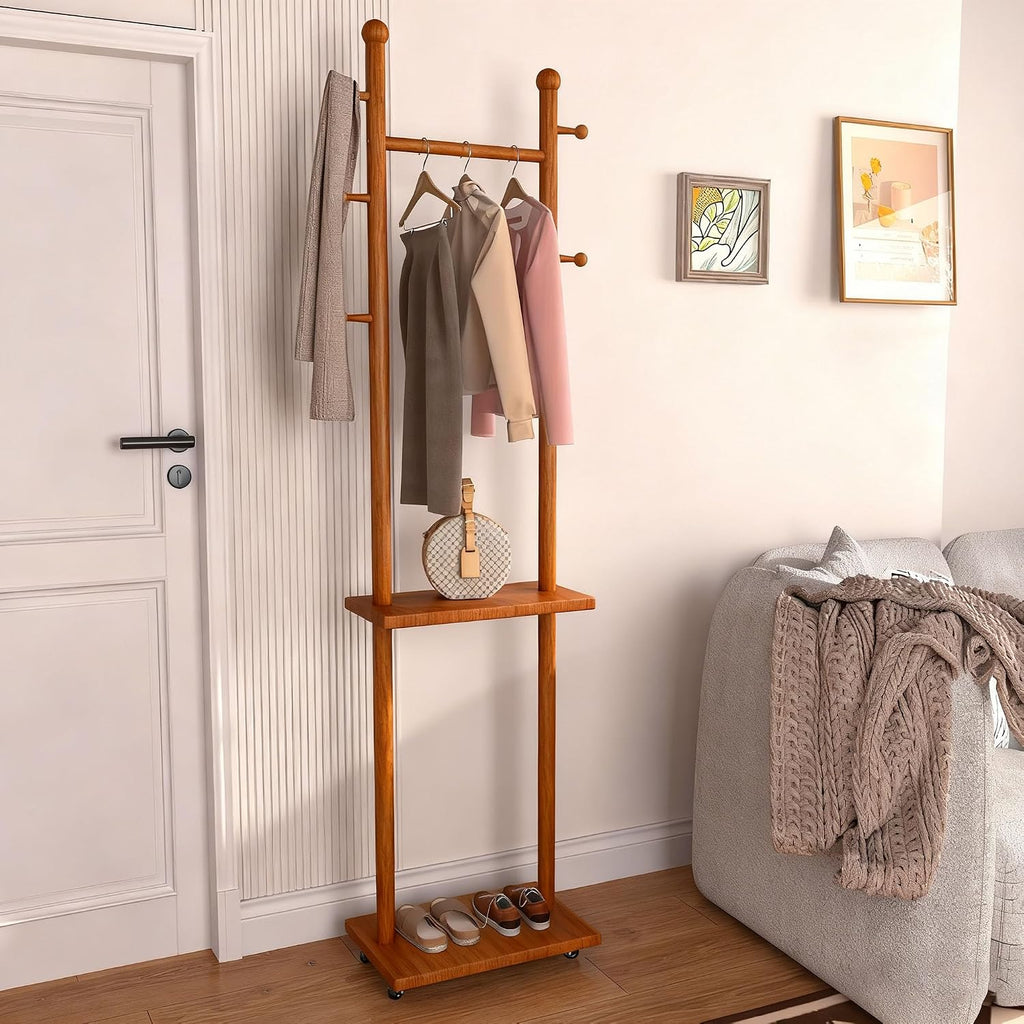 Coat Rack Freestanding Solid Wood Clothing Rack with Wheels & 2 Storage Shelves & 5 Hooks,Rotary Heavy Duty Wood Coat Tree Stand Hat Hanger Rack for Entryway Bedroom Living Room Corner(Walnut)
