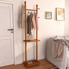 Coat Rack Freestanding Solid Wood Clothing Rack with Wheels & 2 Storage Shelves & 5 Hooks,Rotary Heavy Duty Wood Coat Tree Stand Hat Hanger Rack for Entryway Bedroom Living Room Corner(Walnut)