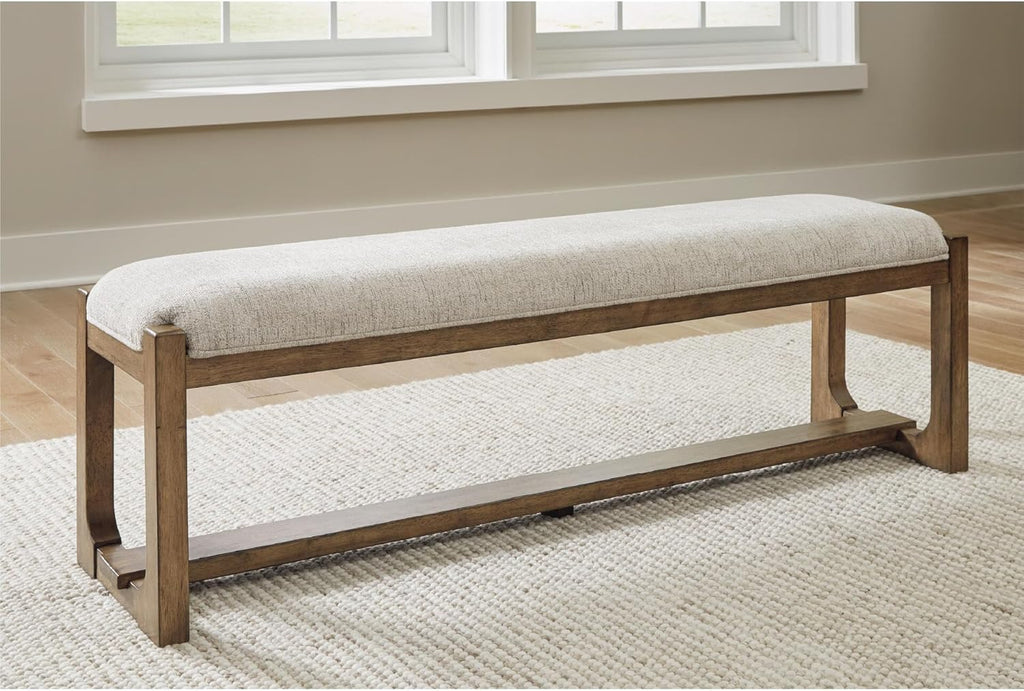 Signature Design by Ashley Cabalynn Farmhouse Upholstered Dining Bench, Foam Cushion, Hardwood Solids, 63.5" W x 16.5" D x 19.75" H, Beige & Light Brown