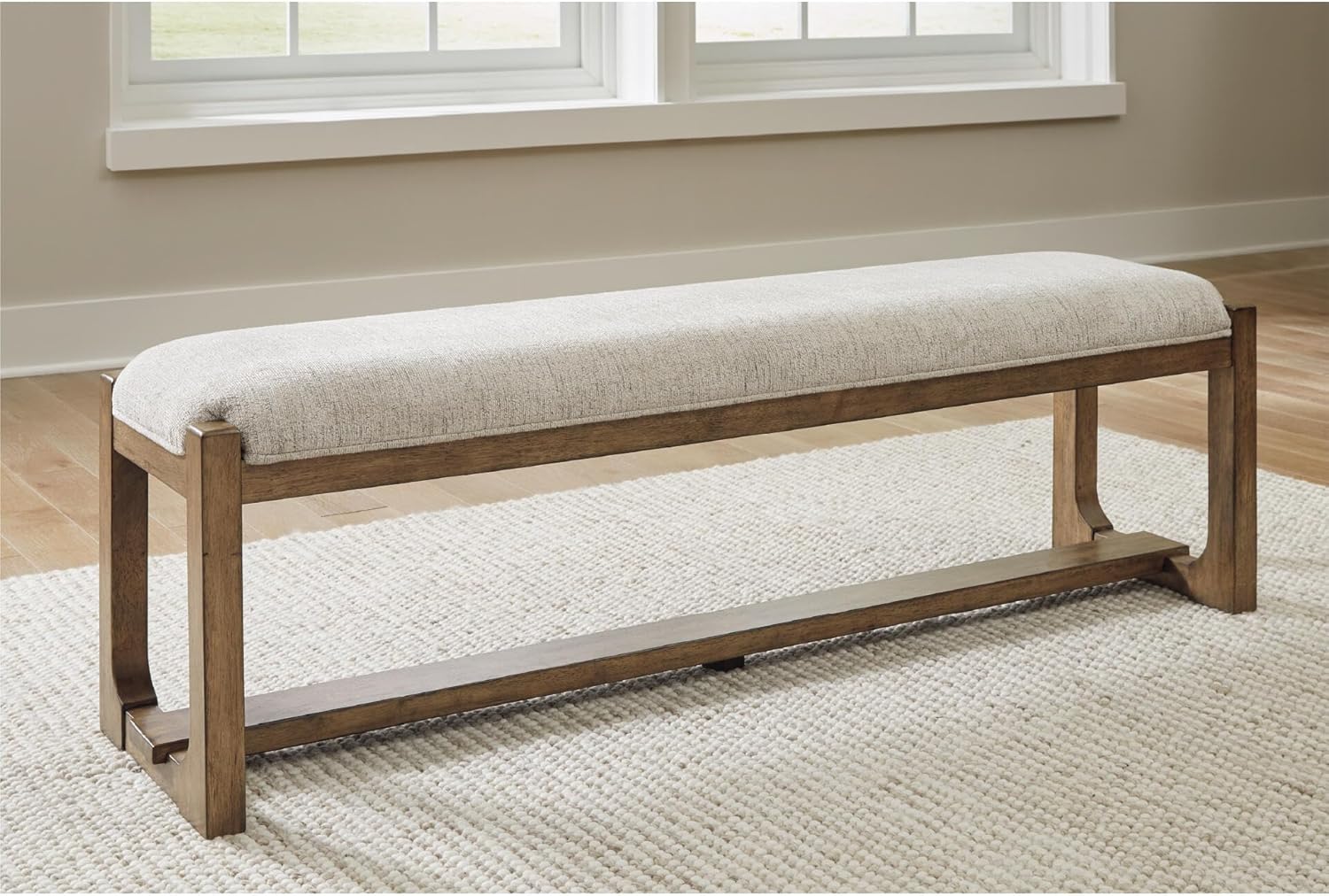 Signature Design by Ashley Cabalynn Farmhouse Upholstered Dining Bench, Foam Cushion, Hardwood Solids, 63.5" W x 16.5" D x 19.75" H, Beige & Light Brown