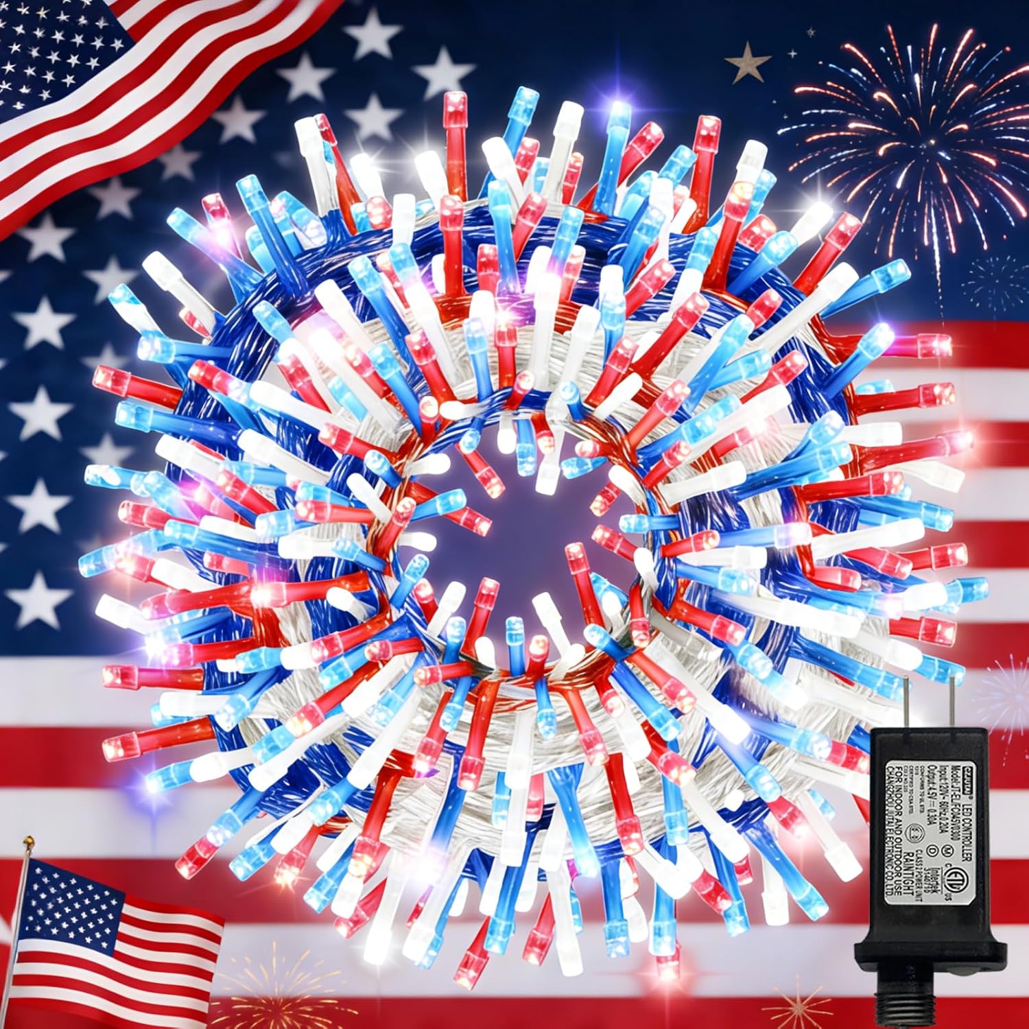 300 LED Patriotic String Lights, Red White & Blue, Clear Wire, Multi-Function, 30V, for Independence Day & Patriotic Decor