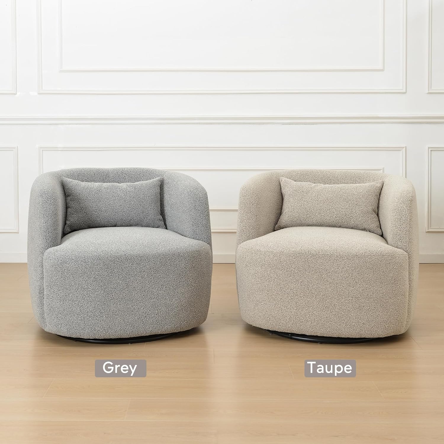 KINWELL 34" Wide Sherpa Swivel Barrel Chairs Set of 2, No Assembly Round Boucle Upholstered Accent Chairs Armchairs Single Sofa Chair with Toss Pillow for Living Room and Bedroom, Gray