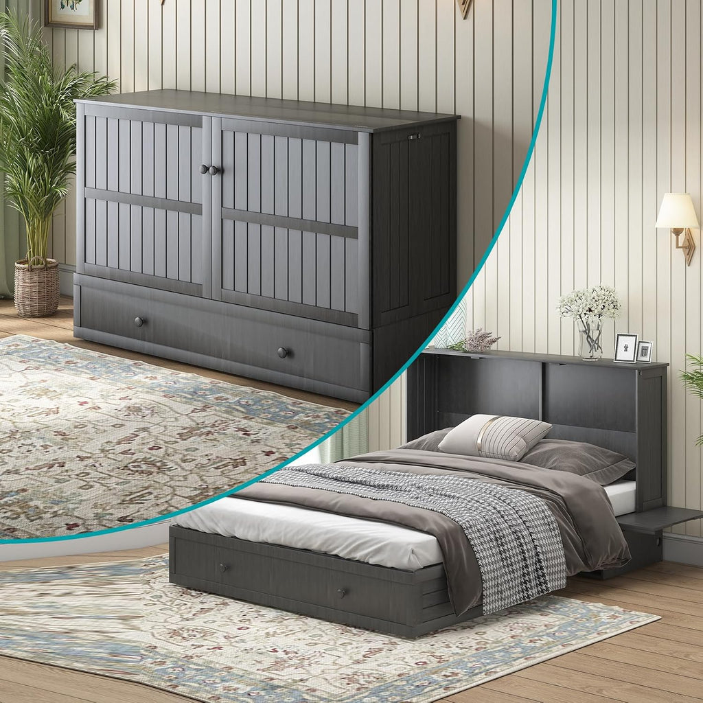 BALUS Queen Murphy Bed, Murphy Cabinet Bed with USB Charging Station-Grey | USB Charing Station, Spacious Drawer, Space Saving, Queen Bed Frame
