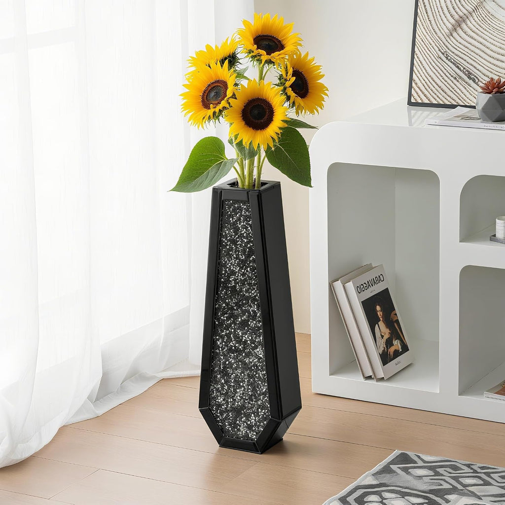 SHYFOY 24" Black Floor Vase, Black Crushed Diamond Tall Vases for Floor, Elegant Black Crystal Glass Vase for Pampas Grass Mirrored Decorative Flower Vase for Office Home Decor
