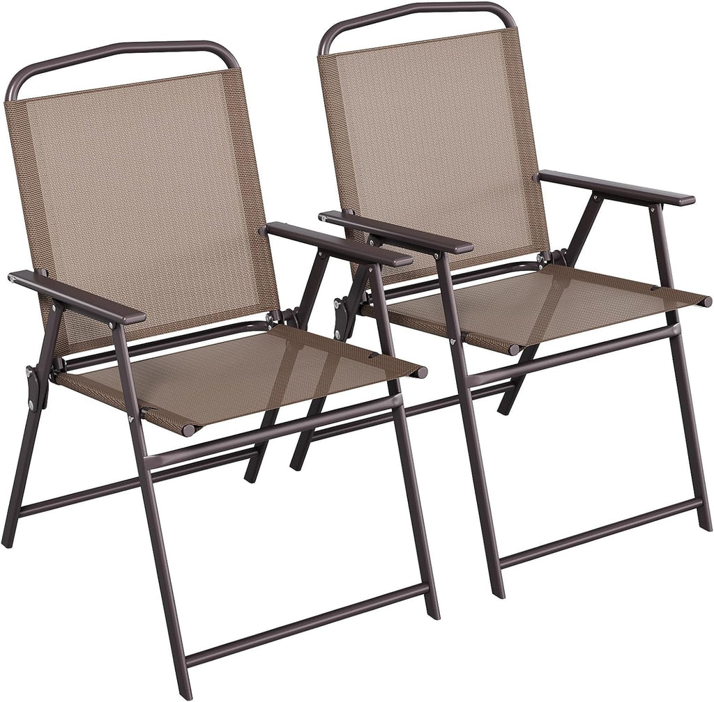 TLSUNNY Patio Folding Chairs Set of 2, Portable Dining Lawn Chairs, Outdoor Folded Furniture W/Breathable Textilene & Steel Frame, Armrests & Crossbar, All Weather for Pool, Camping (2, Brown)