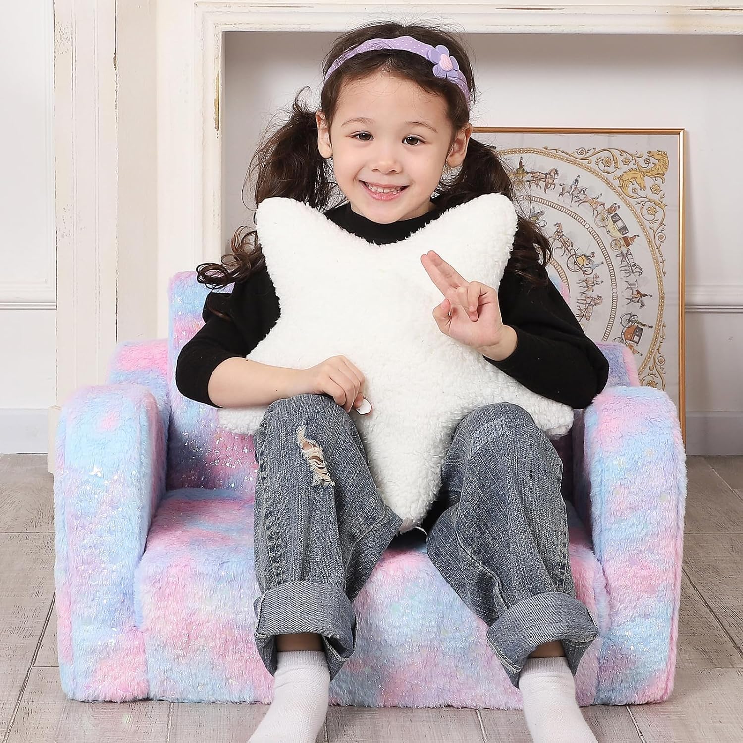 MOMCAYWEX Toddler Couch, 2-in-1 Kids Soft Couch Fold Out with Star Pillow, Foldable Sofa to Lounger, 1-Seat, Pink Tie Dye