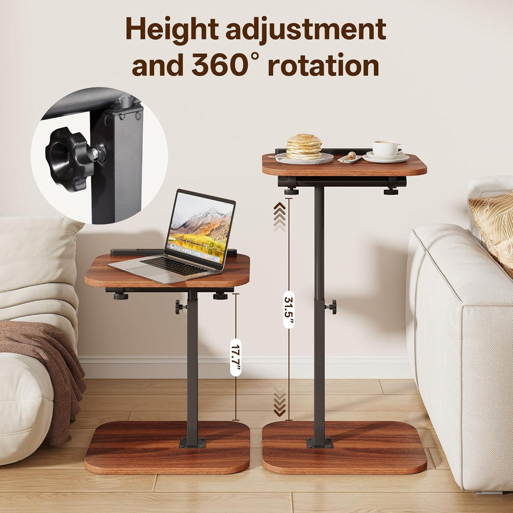 TV Tray Table, Adjustable Height, Flip-Top, Snack Side Table with 360° Swivel and 180° Tilt, C Shaped End Table for Couch, Sofa, Bed, Recliner, Walnut