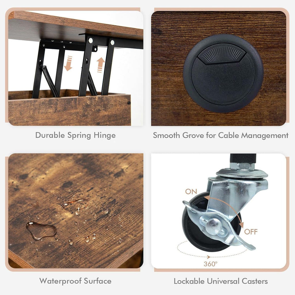 Giantex Lift Top End Table with Charging Station, Narrow Side Table with Hidden Storage, USB and Type-C Ports, Rolling Sofa Table with Lockable Wheels for Living Room Bedroom, Rustic Brown