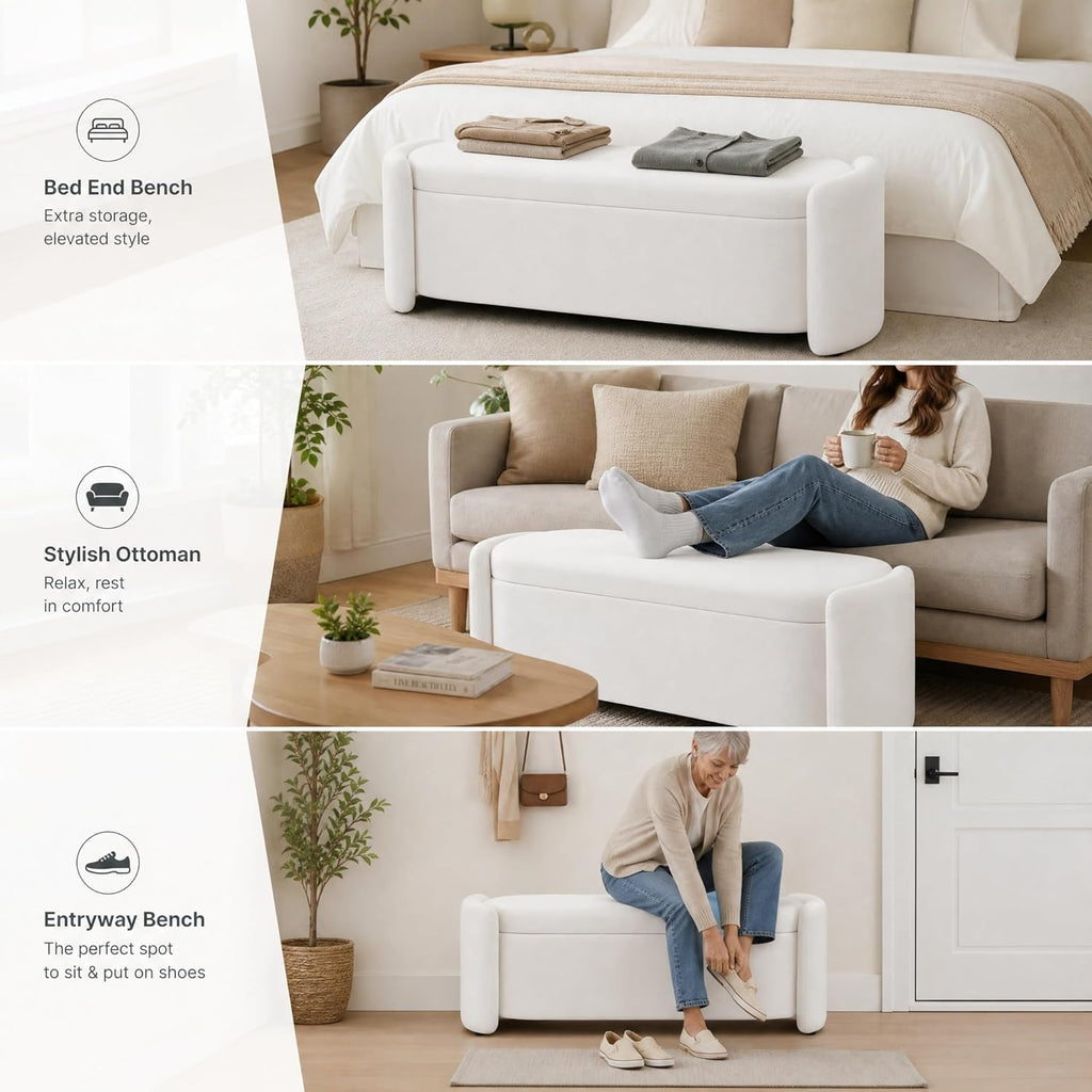 48.8" Modern Velvet Storage Ottoman Bench, Upholstered Fabric Storage Bench for Bedroom End of Bed, Large Oval Storage Ottoman for Living Room Entryway Hallway, White