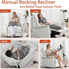 Chair, Rocking, PU Leather Nursery Glider, Manual Rocker Chair for Adults, 150 Degree Recline, Wide Armrests, Living Room Bedroom Home Theater, Light Gray