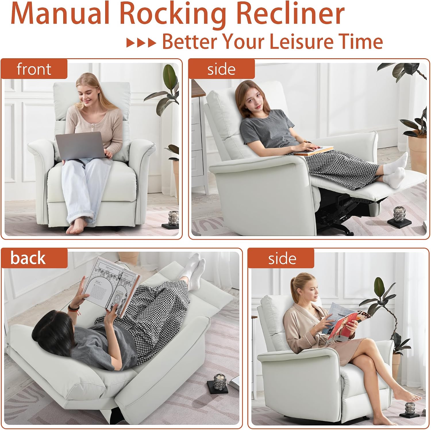 Chair, Rocking, PU Leather Nursery Glider, Manual Rocker Chair for Adults, 150 Degree Recline, Wide Armrests, Living Room Bedroom Home Theater, Light Gray