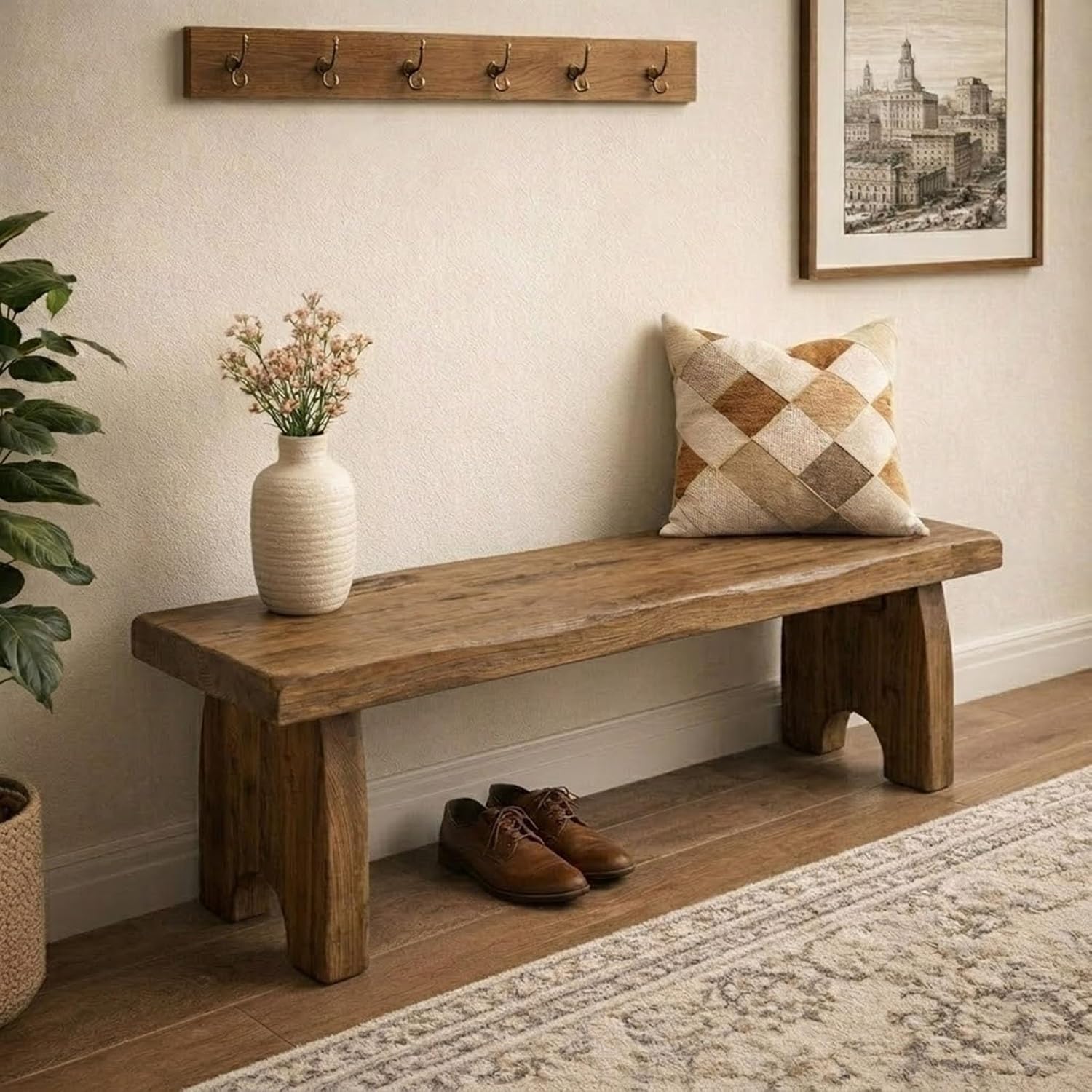 Entryway Bench, 24" to 59" Solid Wood Bench, Wooden Shoe Bench for Entryway, Farmhouse End of Bed Bench for Bedroom, Dining Room, Kitchen, Window Seat, Outdoor Garden Bench Seat