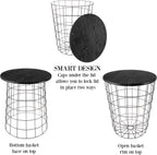 End Tables Set of 2 - Nesting Tables with Removable Wood Tops and Metal Basket Bases for Blanket Storage - Round Side Pieces for Living Room, Bedroom, or Home Office by Lavish Home (Black)