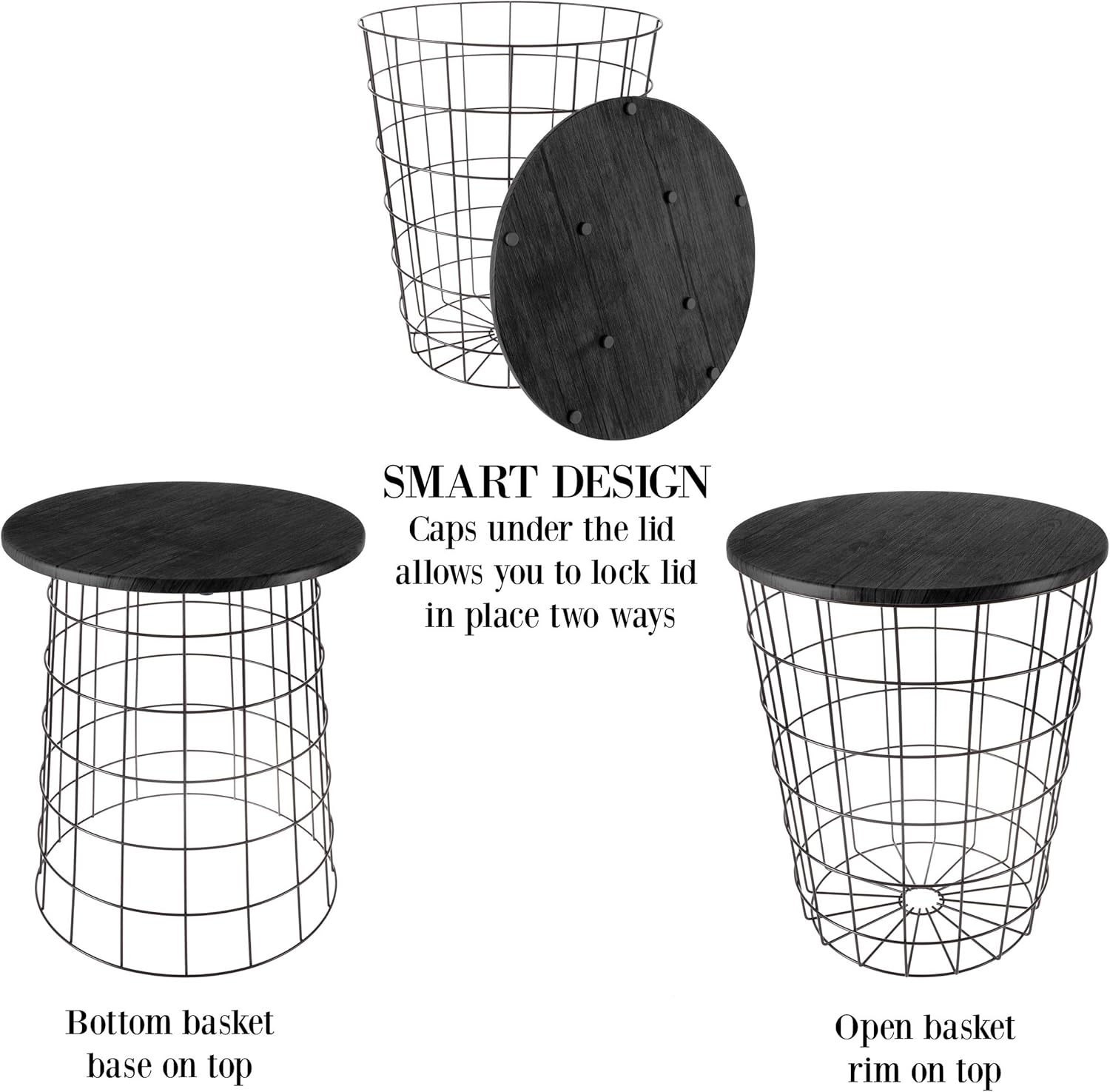 End Tables Set of 2 - Nesting Tables with Removable Wood Tops and Metal Basket Bases for Blanket Storage - Round Side Pieces for Living Room, Bedroom, or Home Office by Lavish Home (Black)
