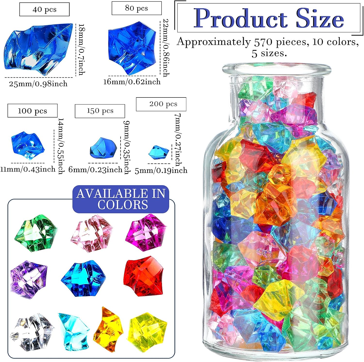Syhood 570 Pcs 5 Sizes Multicolor Fake Acrylic Gems Crushed Ice Rocks Plastic Gemstones Pirate Treasure for Crafting Vase Fillers Table Scatter Sensory Bin Fillers Spring Centerpieces Decoration