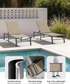 Ciokea Foldable Outdoor Lounge Chair Set of 2, No Assembly Aluminum Chaise Lounge Outdoor with 5 Adjustable Positions, Pool Lounge Chairs with Portable Design for Pool, Deck, Beach, Patio (Khaki)