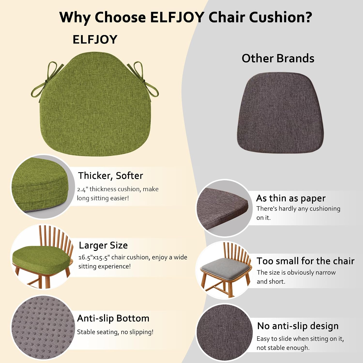 ELFJOY Chair Cushions for Dining Chairs 2.4 Inch Thick Windsor Seat Cushions for Kitchen Dining Room Non Slip Seat Pads with Removable Washable Cover and Ties Set of 2, Green(16.5"x15.5")