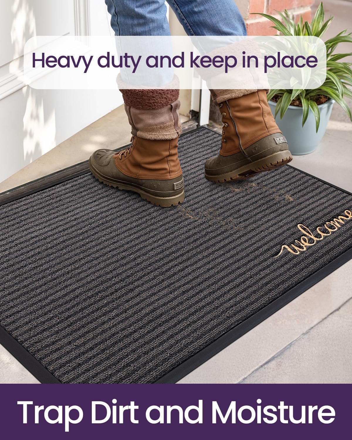 DEXI Front Door Mat Outside Entrance, 2x3 ft Rubber Entry Doormat Heavy Duty, Non Slip Welcome Mats for Inside House Floor Entryway Exterior Patio, Welcome Grey