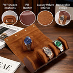 Leather Watch Roll for 2 Watches - Velvet-Lined Travel Case, Luxury Watch Rolls Organizer with Storage & Display for Men (3 Slot-Brown)