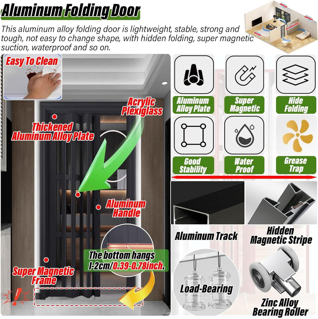 Accordion Folding Door, Custom Size Aluminum No-Drill Sliding Barn Door with Track & Handle, Temporary Room Divider for Hallway Bedroom Bathroom Kitchen Office (Color: WxH 10-4)