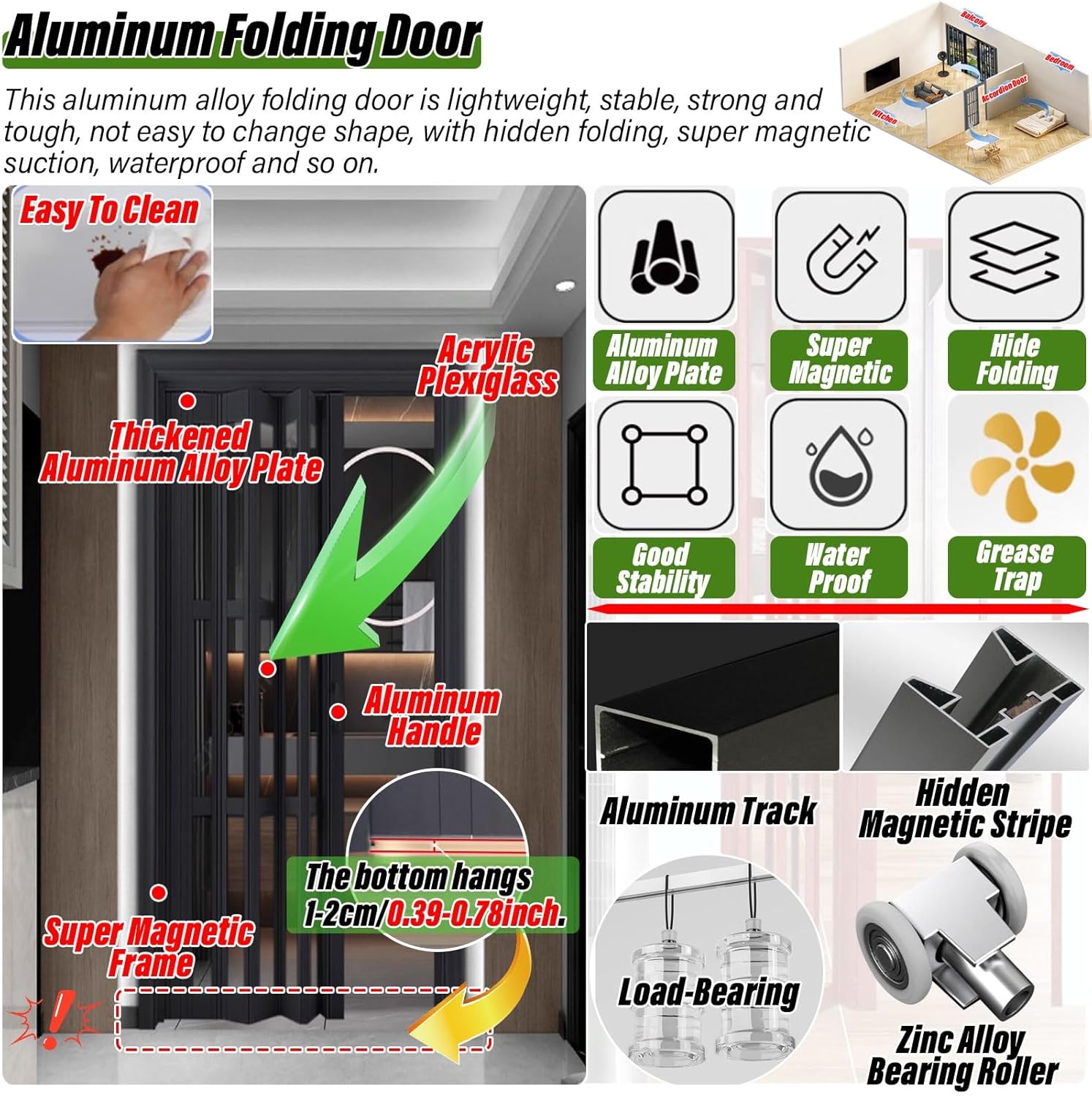 Accordion Folding Door, Custom Size Aluminum No-Drill Sliding Barn Door with Track & Handle, Temporary Room Divider for Hallway Bedroom Bathroom Kitchen Office (Color: WxH 10-4)