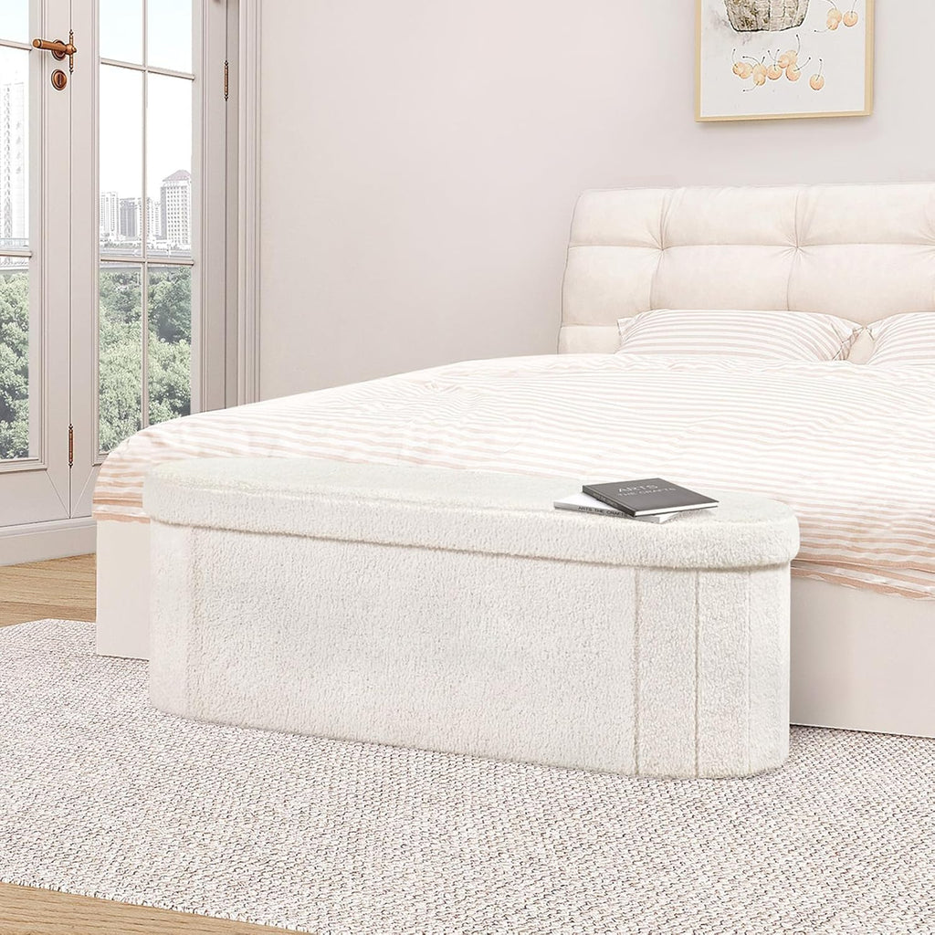 B FSOBEIIALEO Ottoman with Storage for Living Room, Sherpa Folding Storage Ottoman Foot Rest, 43.3 Inches Collapsible Bedroom Bench White Cream