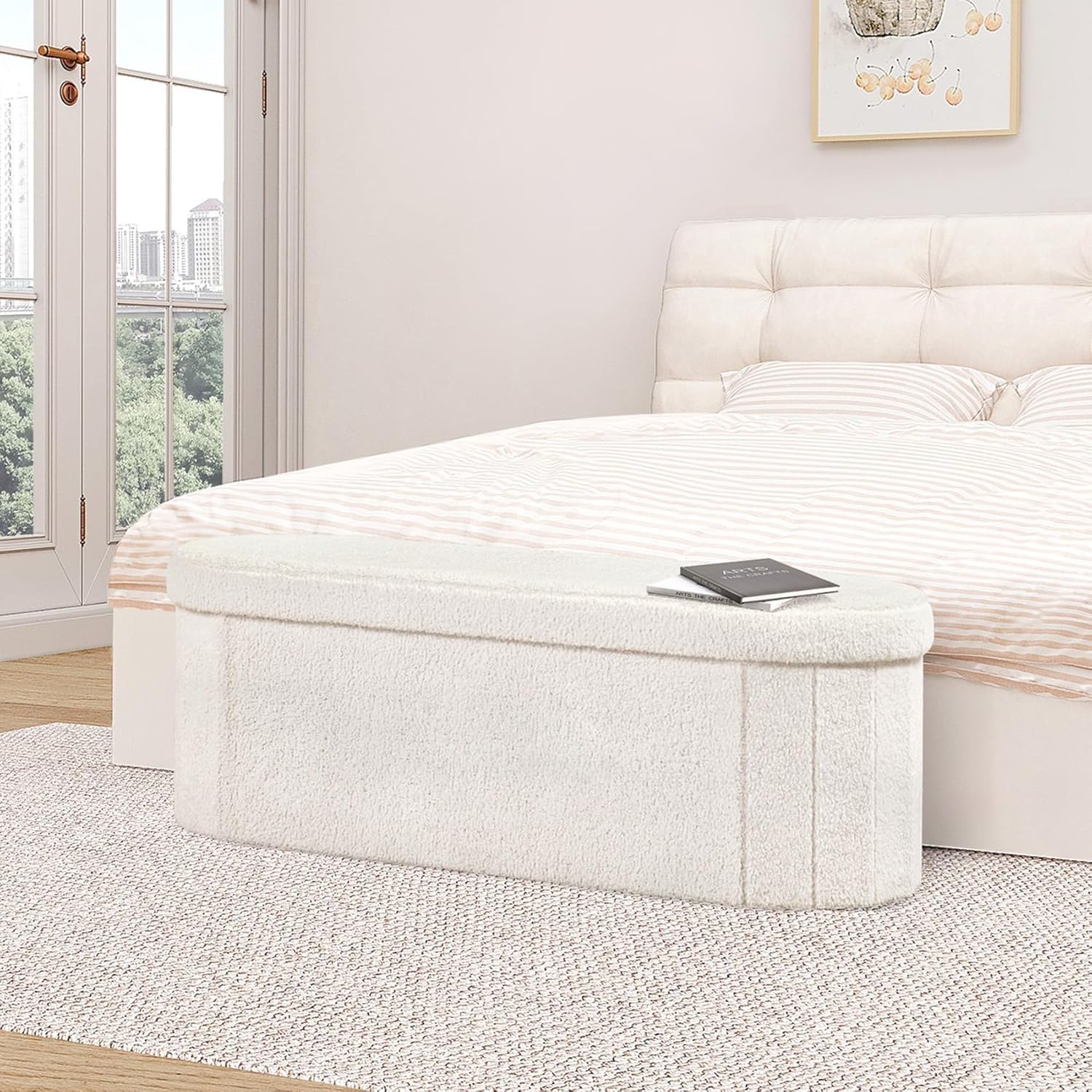 B FSOBEIIALEO Ottoman with Storage for Living Room, Sherpa Folding Storage Ottoman Foot Rest, 43.3 Inches Collapsible Bedroom Bench White Cream