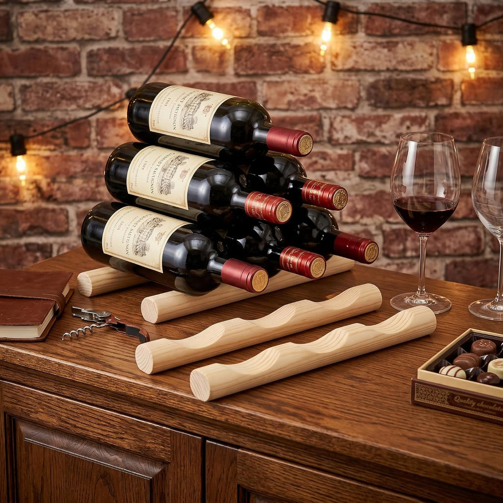 Barydat 4 Pcs Wood Wine Rack Compact Wine Bottle Holder Tabletop Vino Stand Display Rack Countertop Bottle Storage Shelf Organizer for Cabinet Kitchen Bar Pantry Basement Decor(3 Grooves,Classic)