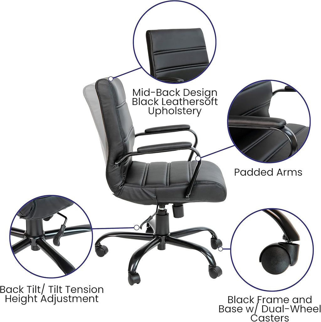 EMMA + OLIVER Mid-Back Black LeatherSoft Executive Swivel Office Chair with Black Frame/Arms
