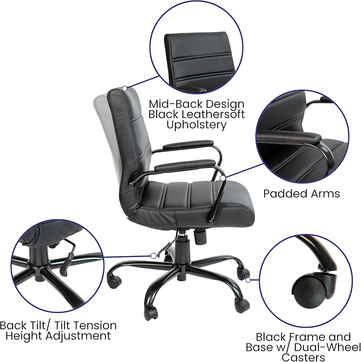 EMMA + OLIVER Mid-Back Black LeatherSoft Executive Swivel Office Chair with Black Frame/Arms