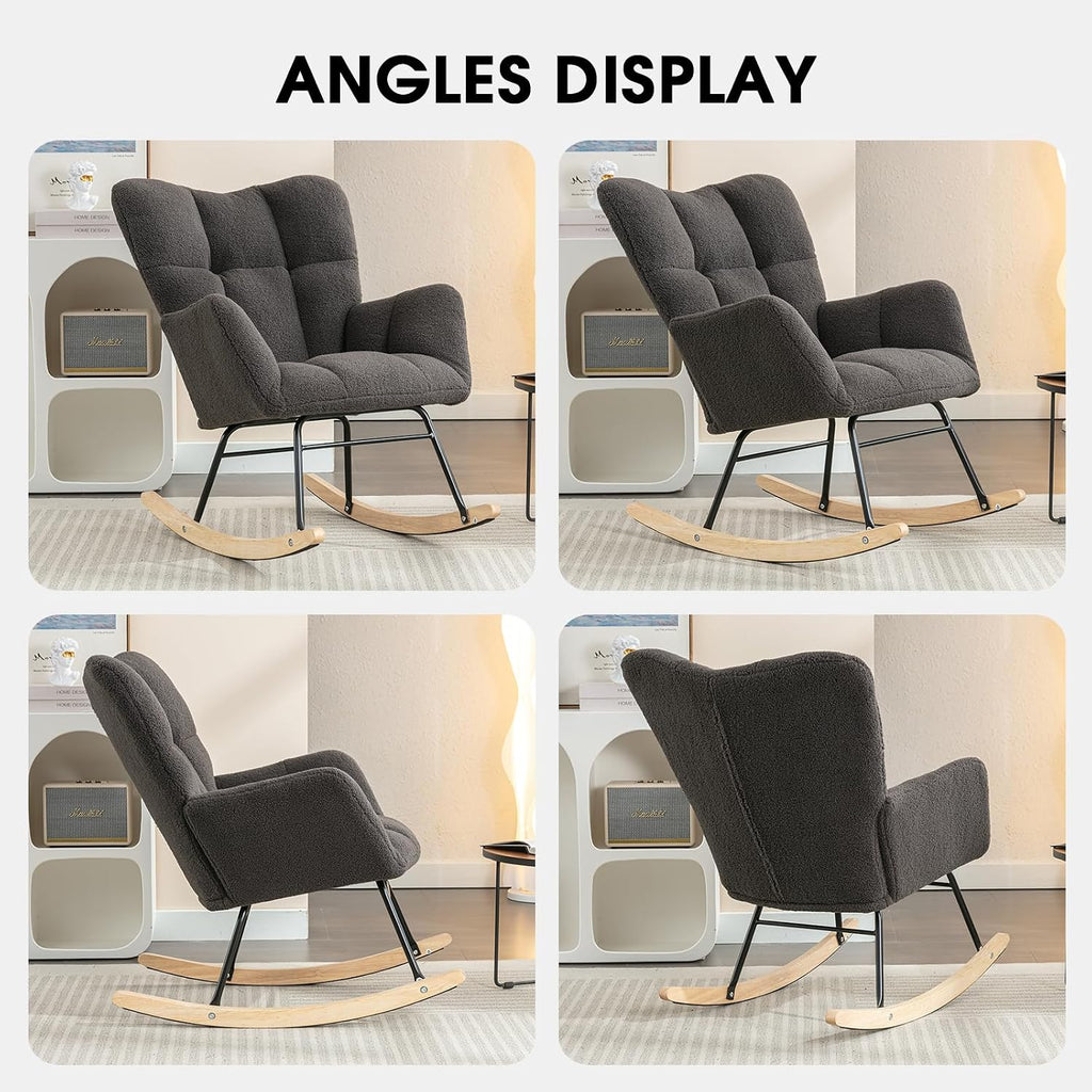 Rocking Chair Nursery, Teddy Upholstered Rocker Glider Chair with High Back, Rocker Recliner with Armrest, Gliding Chair with Thick Cushion, Accent Reading Chair for Bedroom (Dark Grey)