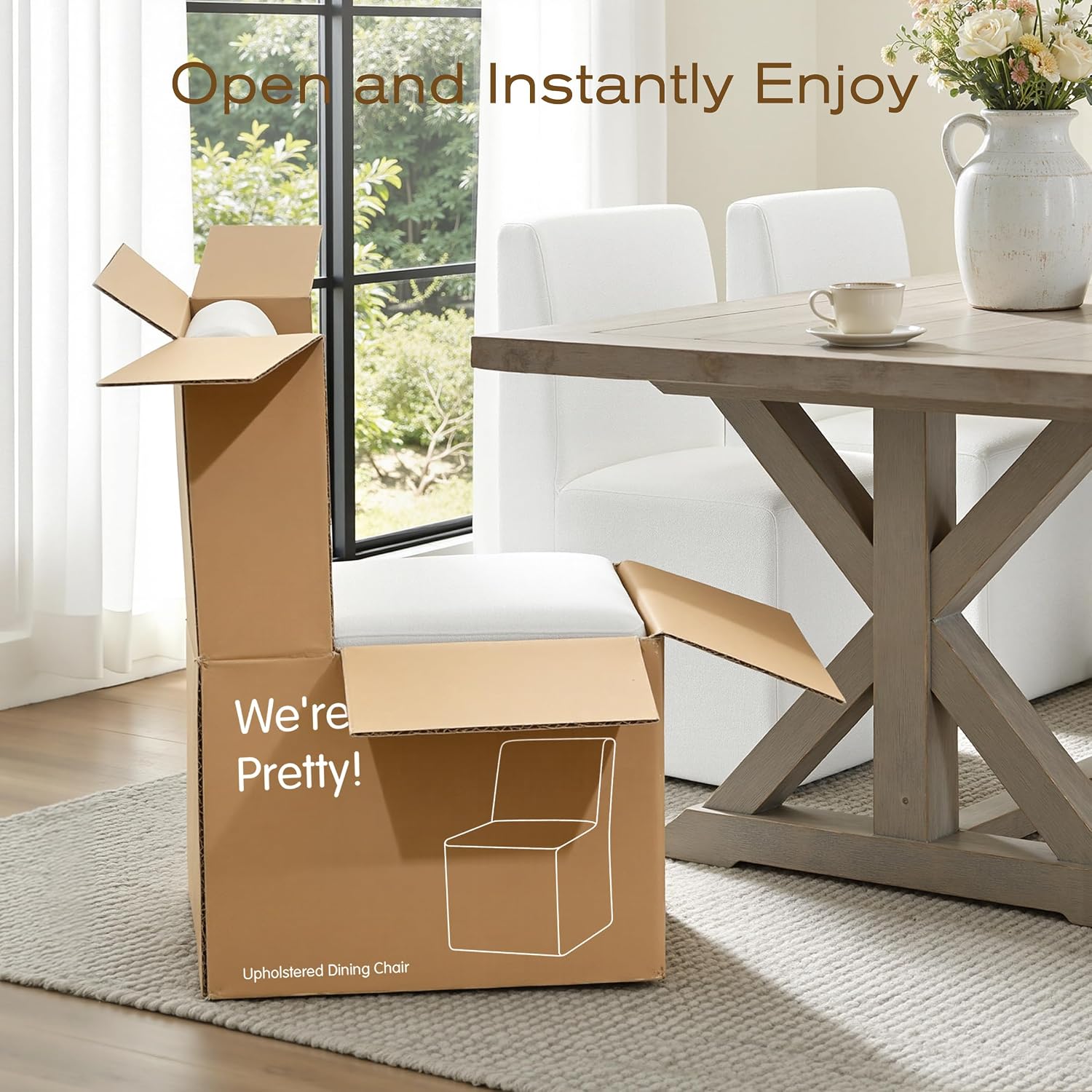 Upholstered Dining Chairs with Casters Set of 2 - Rolling Dining Chairs for Home Desk, Lounge or Living Room, Silent Wheel, No-Assembly, White